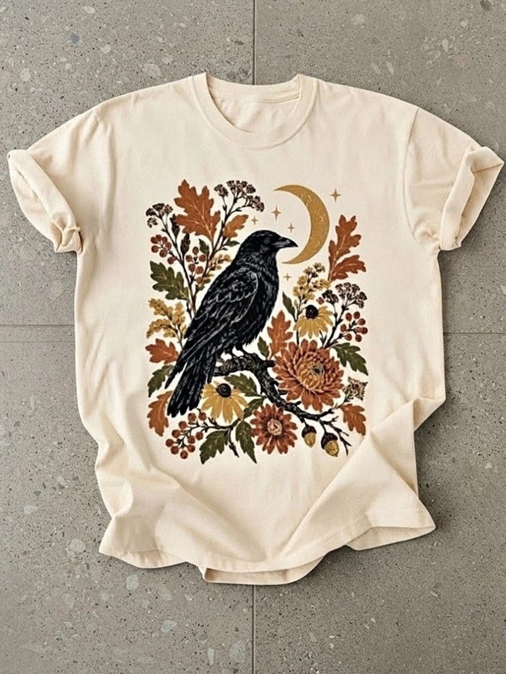 Celestial Crow Fall Raven Moon Floral Leaves Nature Gildan T-Shirt